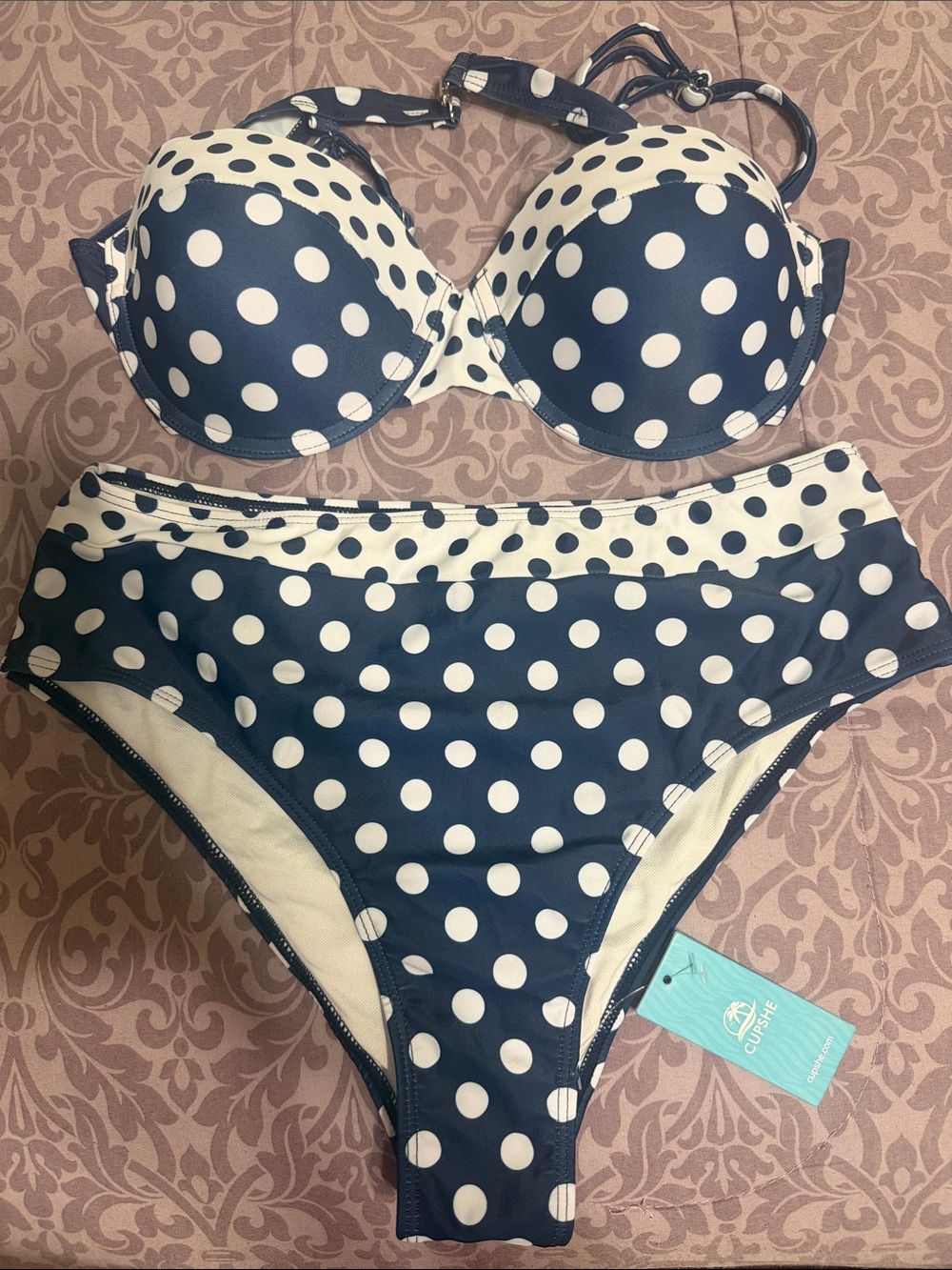 Cupshe Navy and White Polka Dot High-Waist Bikini Set